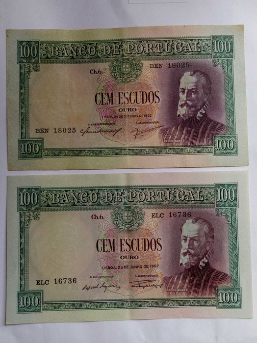 Notas de 100 escudos de 1950 e 1957.