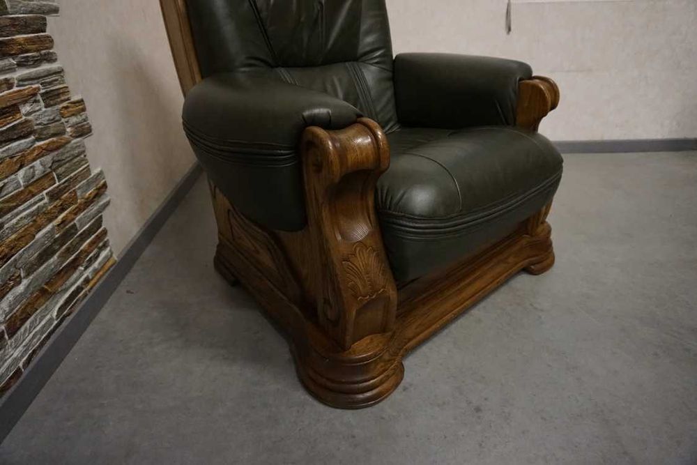 Fotel na Stelażu Dębowym Skóra Naturalna Piękna Zieleń (w-1117)