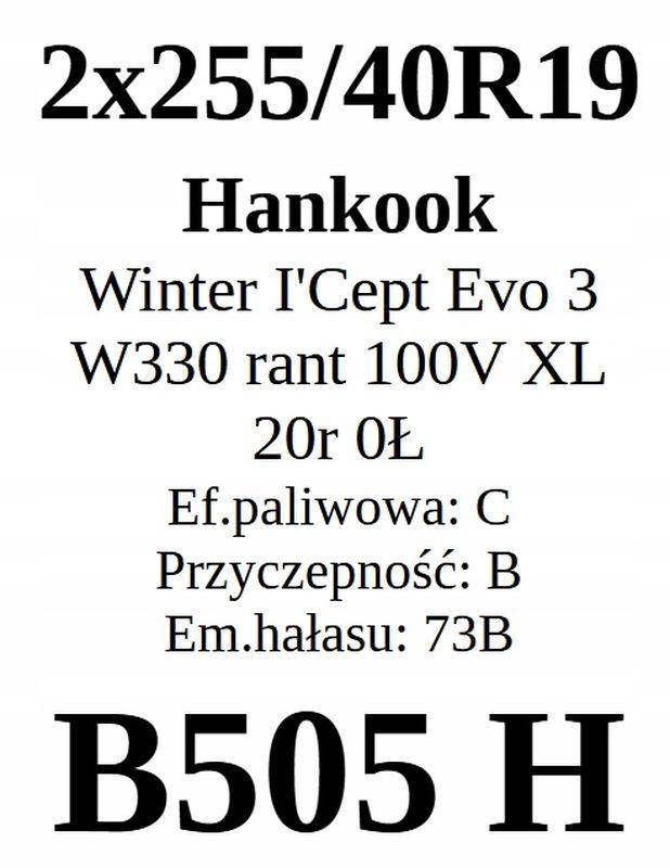 2x 255/40r19 Hankook Winter I'Cept Evo3 W330/7,43mm C/B/73dB Jak Nowe