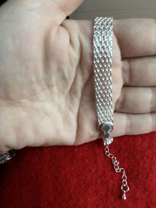 Nowa srebrna szeroka siatka elegancka bransoletka 925