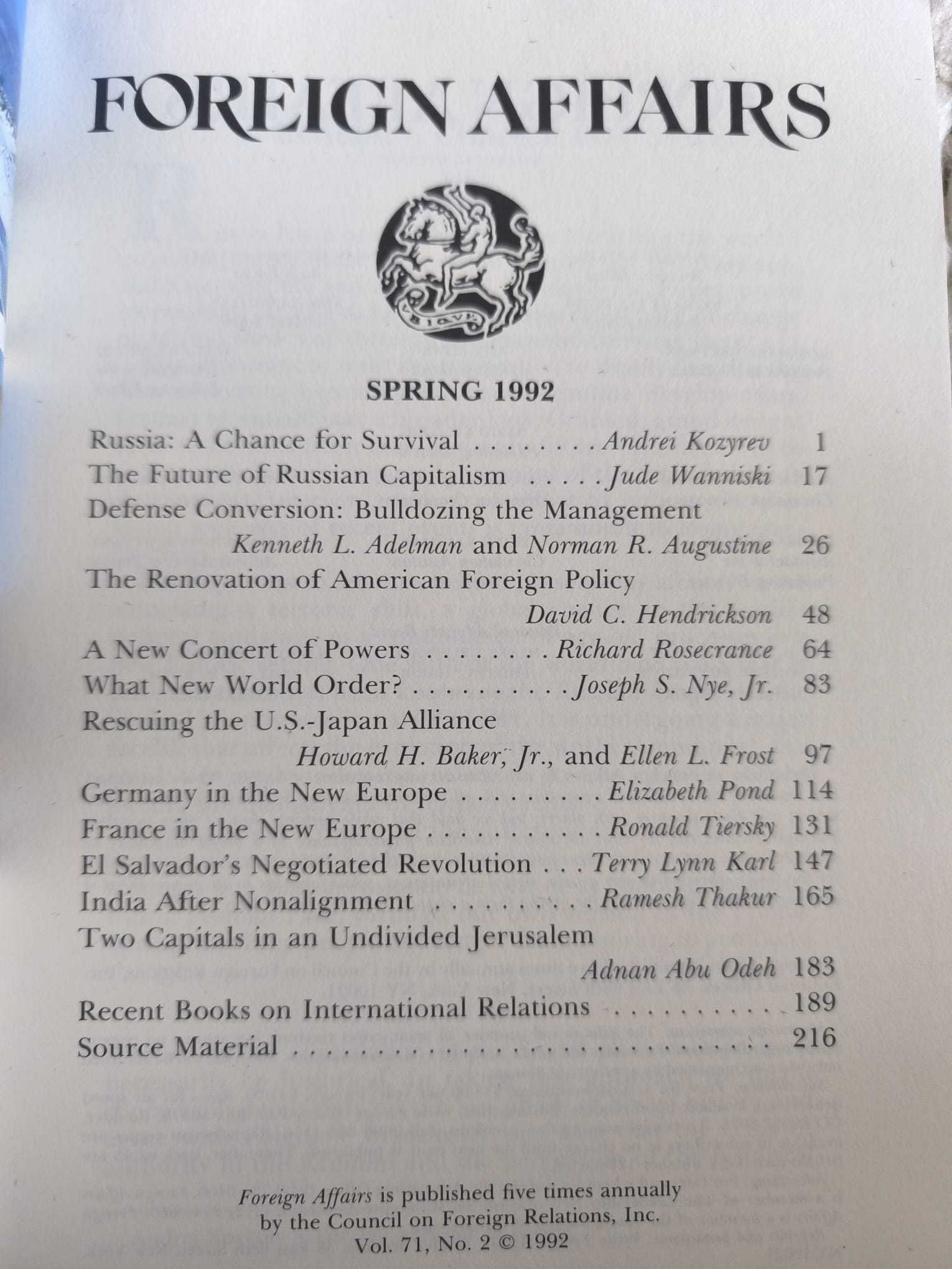 Revista "Foreign Affairs" Spring 1992 Volume 72, Number 2