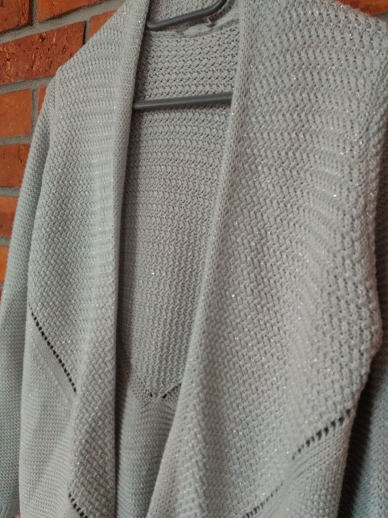 Kardigan sweter narzutka długi szary ze srebrną nitką piękny splot