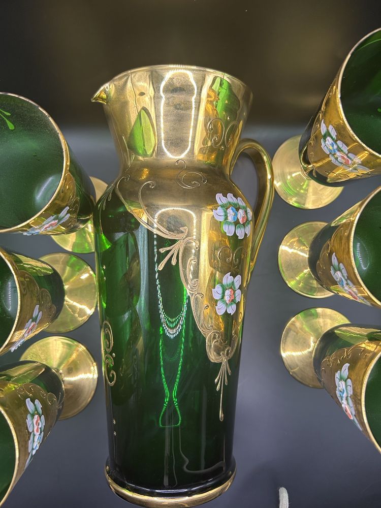 Jarro e copos Murano Barbini Original Verde Ouro 24K