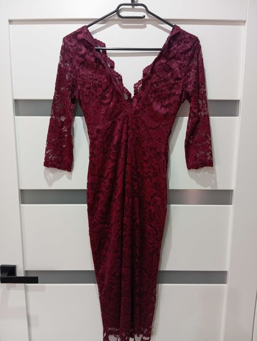 Elegancka bordowa burgundowa koronkowa sukienka S długi rękaw wesele