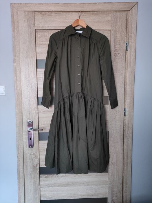 Długa sukienka bawełniana koszulowa rozkloszowana elegancka khaki 38