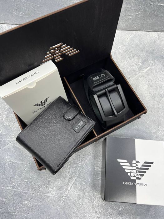 Мужской ремень+портмоне из кожи в деревянном боксе на подарок