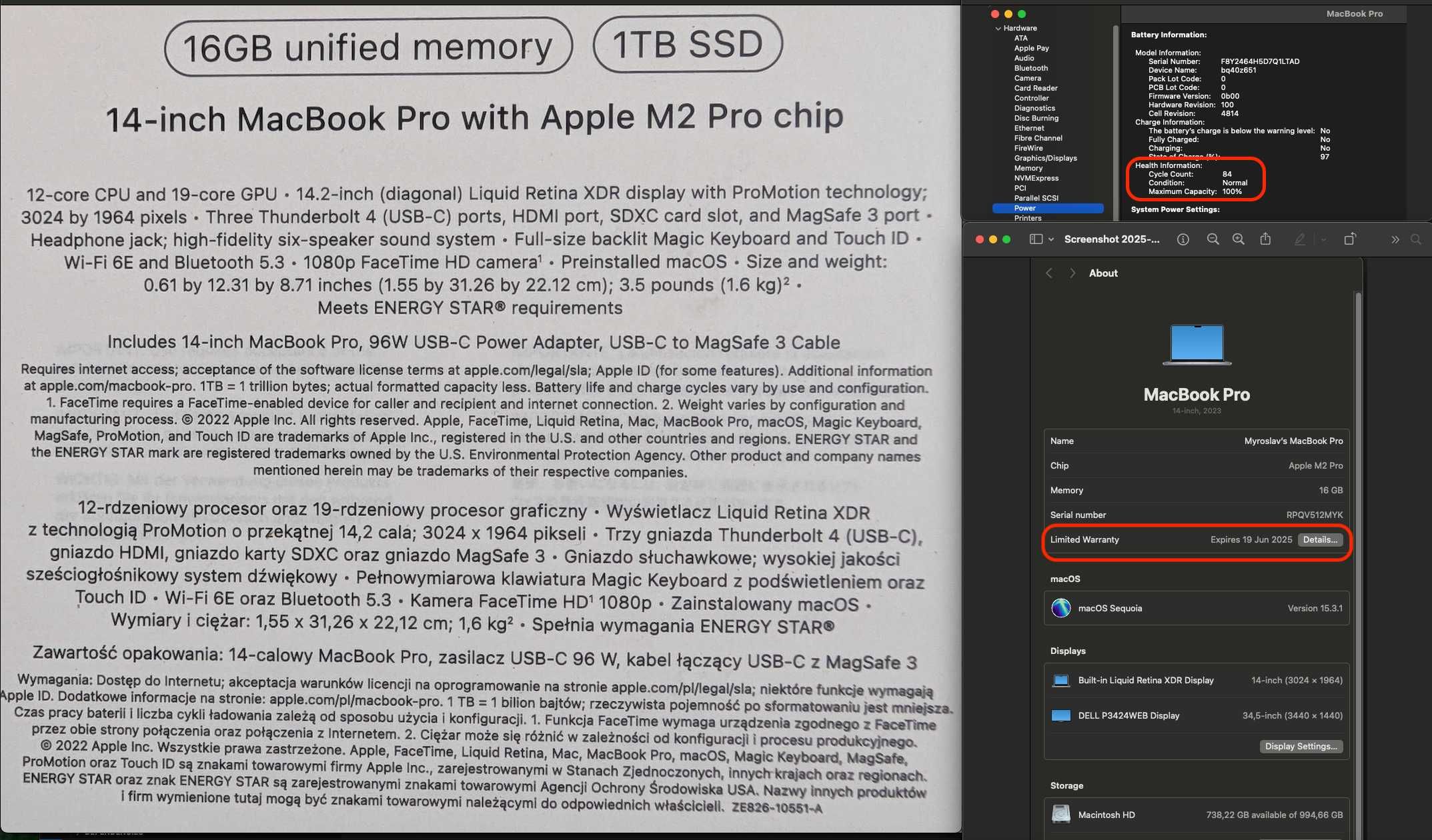 Macbook M2 Pro 14'' 16GB 1TB kupiony 6.2024