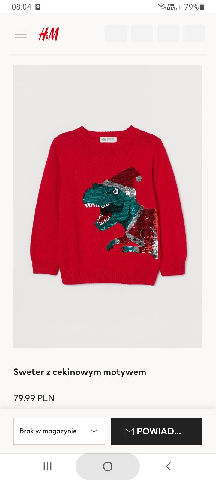 NOWY sweter bluza h&m hm 122 128 dinozaur dinozaury mikołaj święta