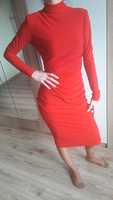 Czerwona sukienka midi xs s m piękna elegancka długi rękaw