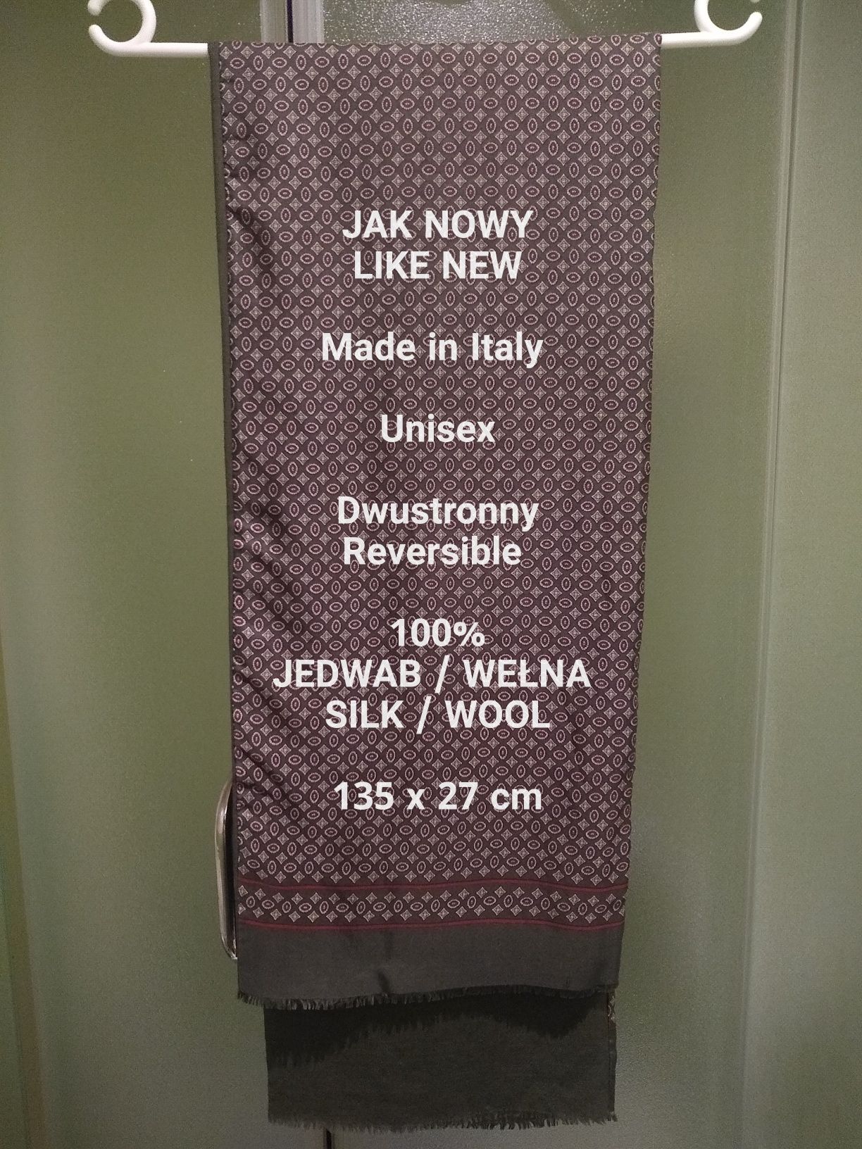 Włoski elegancki dwustronny szal, 100% Jedwab, 100% Wełna, 135 x 27 cm