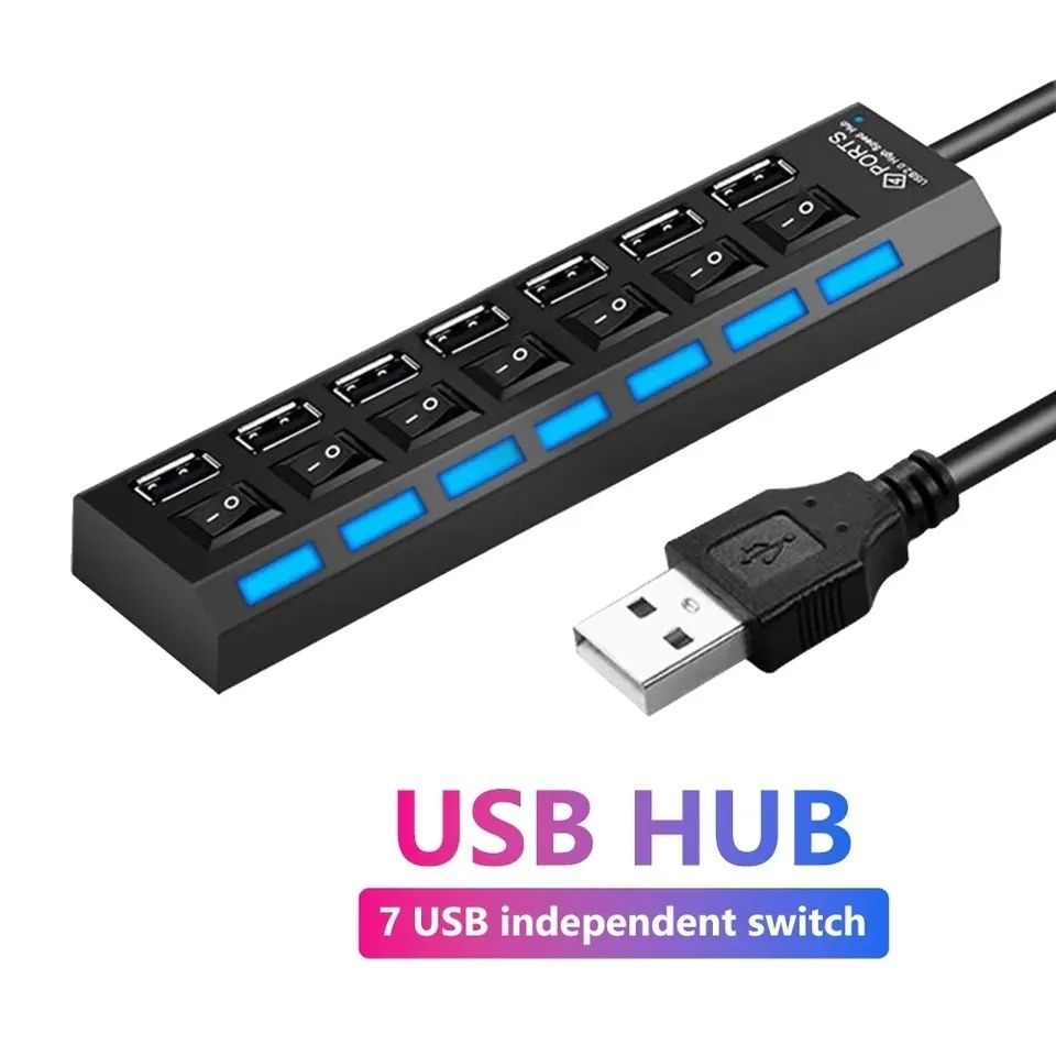 Przedłużacz HUB USB z włącznikami. 7 portów USB. Kabel 30cm. Czarny