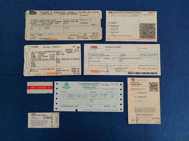 Zestaw biletów kolejowych rożnych kolei Europa i Azja