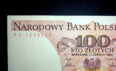 Banknot PRL 100 zł 1986 seria PL Rzadki numer UNC-