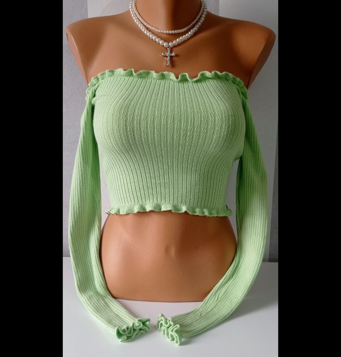 Crop top bluzka prążkowana zielona na długi rękaw odkryte ramiona XS