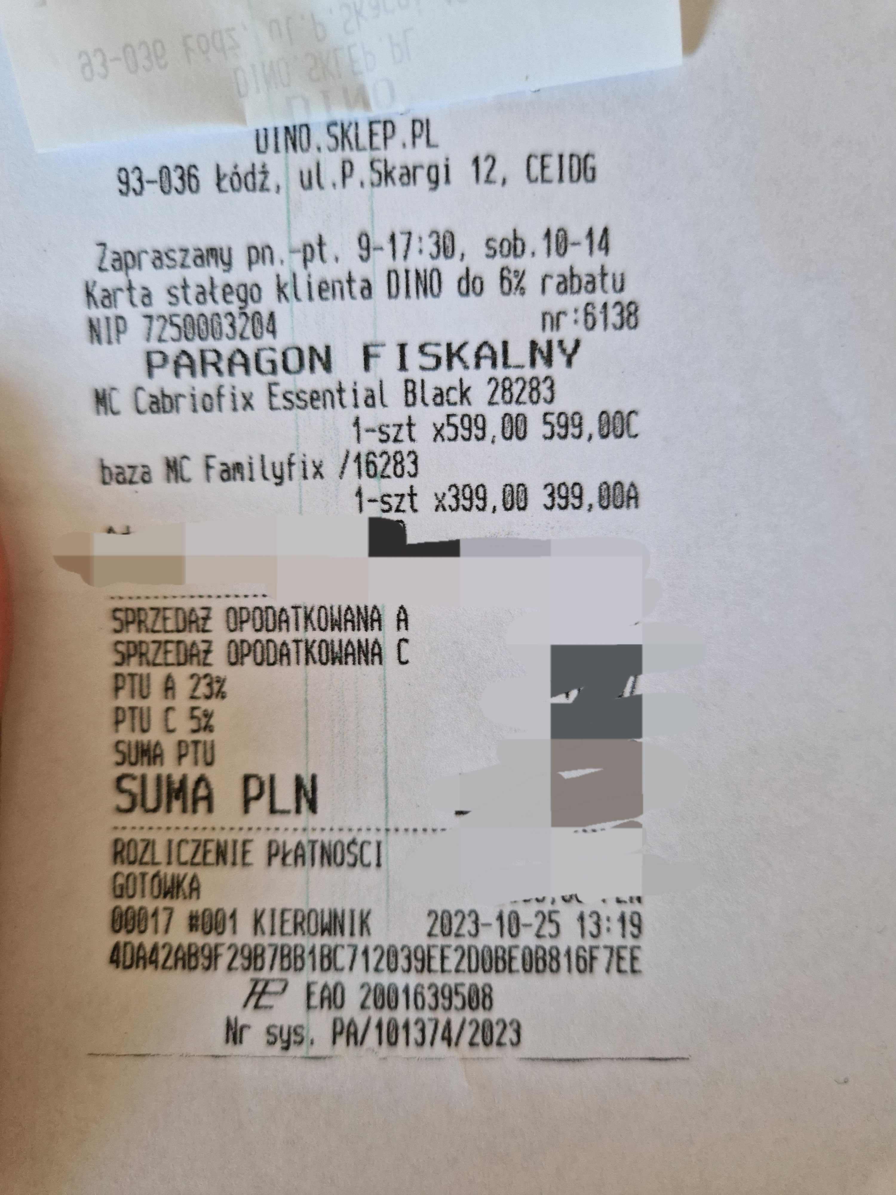 Maxi cosi-nosidełko Cabriofix, baza Familyfix, wkładka dla niemowlaka