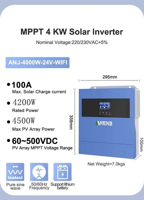 Anenji Falownik 4.2KW 24V Hybrid Solar Inverter On Grid+Off Grid
