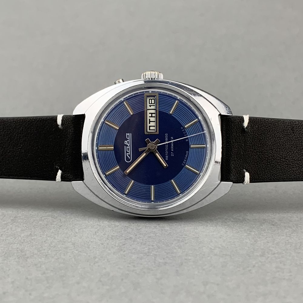Zegarek vintage Slava – Blue Dial | automat | dzień i data | USSR