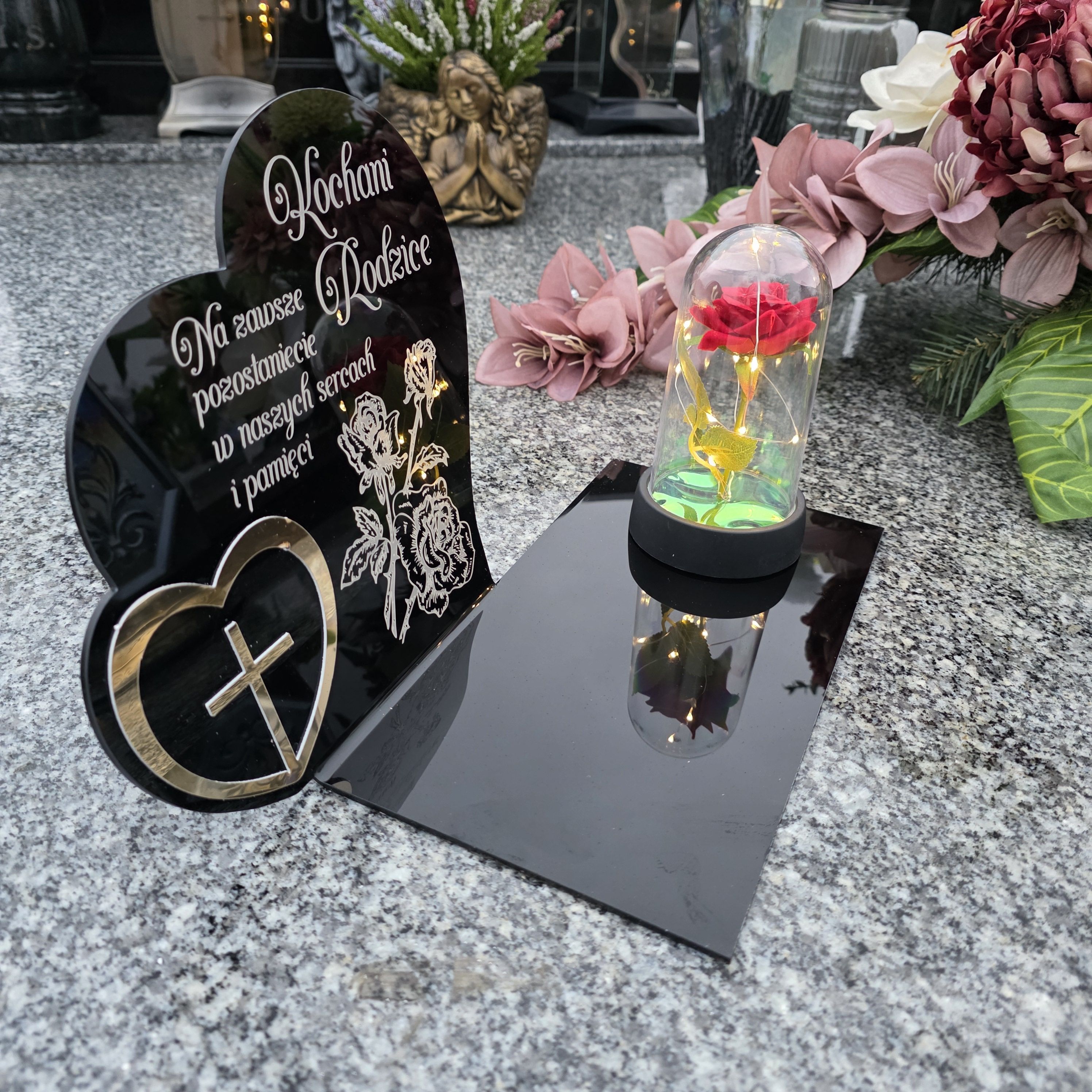 Znicz dla Rodziców dekoracja na grób grawer podstawka na cmentarz róża