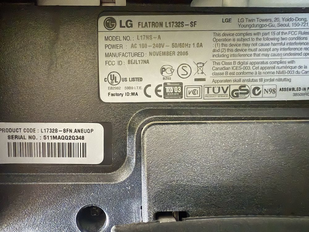 Monitor LG FLATRON L1732S-SF Plus Kabel Zasilający i Kabel VGA
