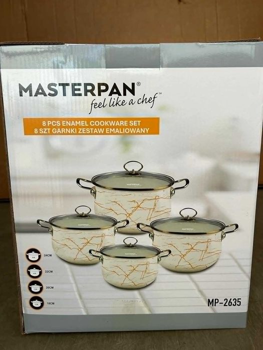 Garnki zestaw emalia marmur kremowe