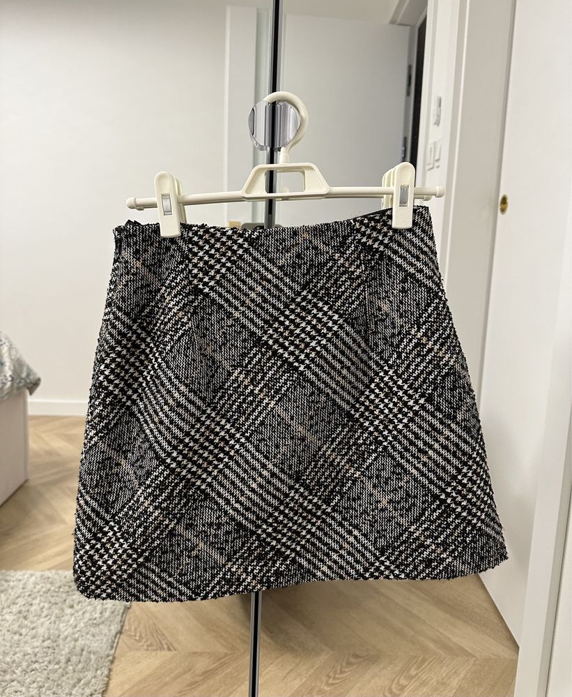 H&M Premium Tweedowa Mini Spódniczka w Kratkę Wełna