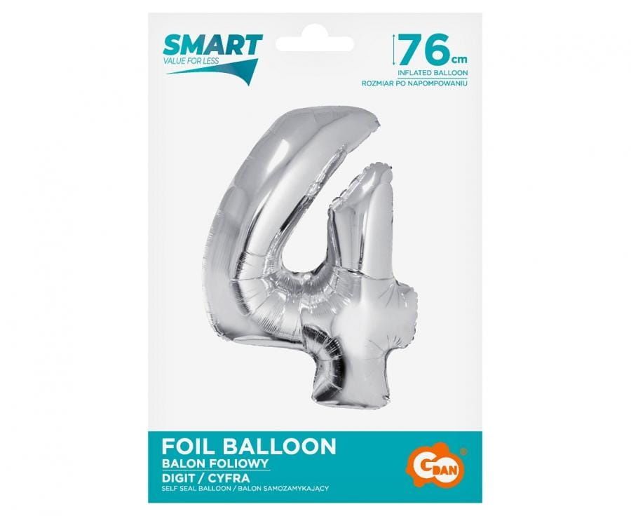 Balon foliowy Smart, Cyfra 4, srebrna, 76 cm, cyfry 0-9, duża, urodzin