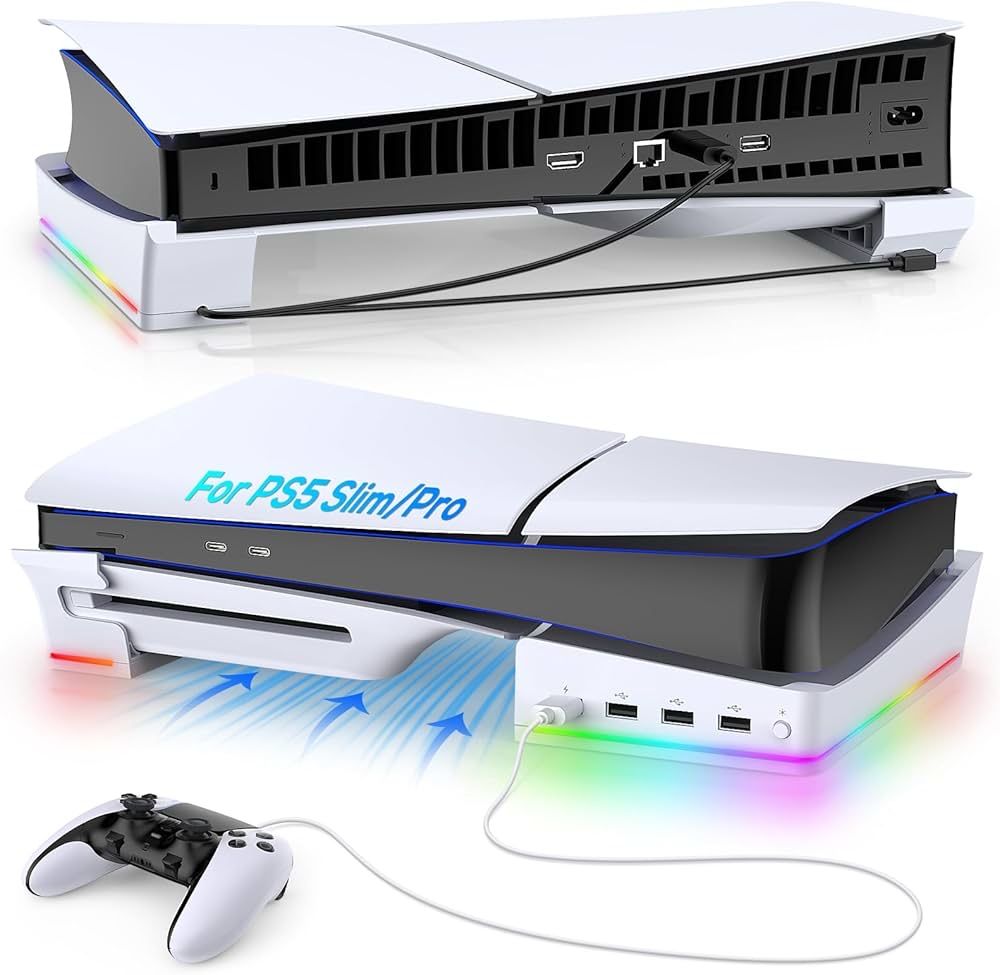 Горизонтальна підставка для PS5 Slim | 4 USB, RGB, охолодження