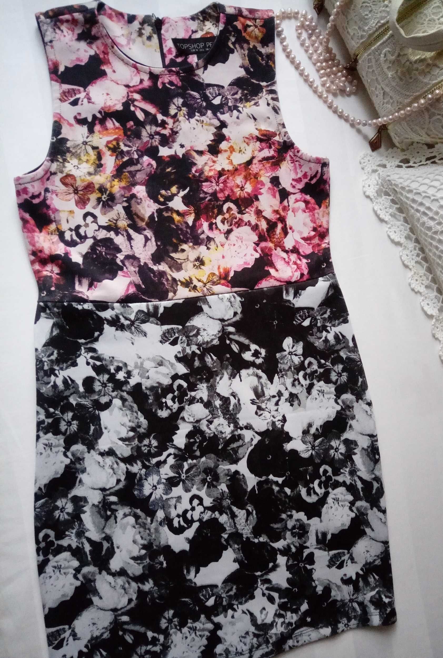Topshop ołówkowa sukienka print kwiaty róż szara czarna mini XS S