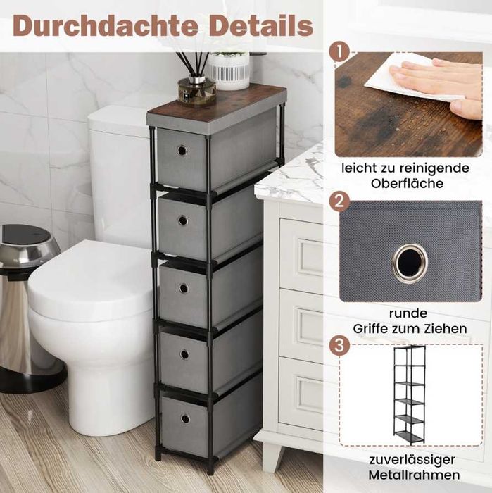 Wąska szafka z 5 szufladami materiałowymi szara 19x40x100cm