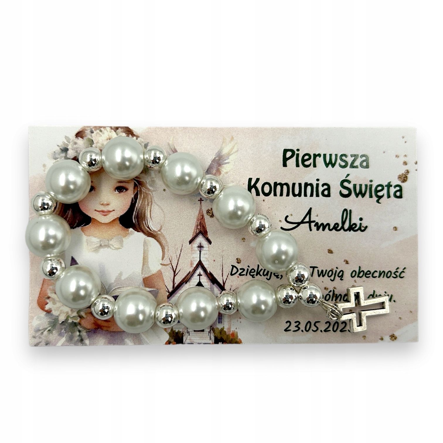 Podziękowanie dla Gości prezent Pierwsza Komunia święta różaniec