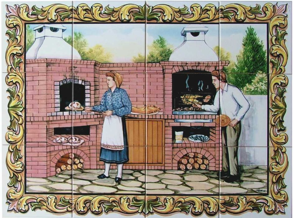 Painel de Azulejos 60x45CM Churrasqueira Monte Churrasco Leitão Forno