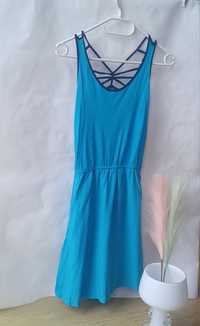 H&M sukienka niebieska letnia XS S 34 36 plecy wzór podszewka