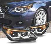 FARÓIS BMW E60 E61 03-07 ANGEL EYES LED U HALO FUNDO PRETO