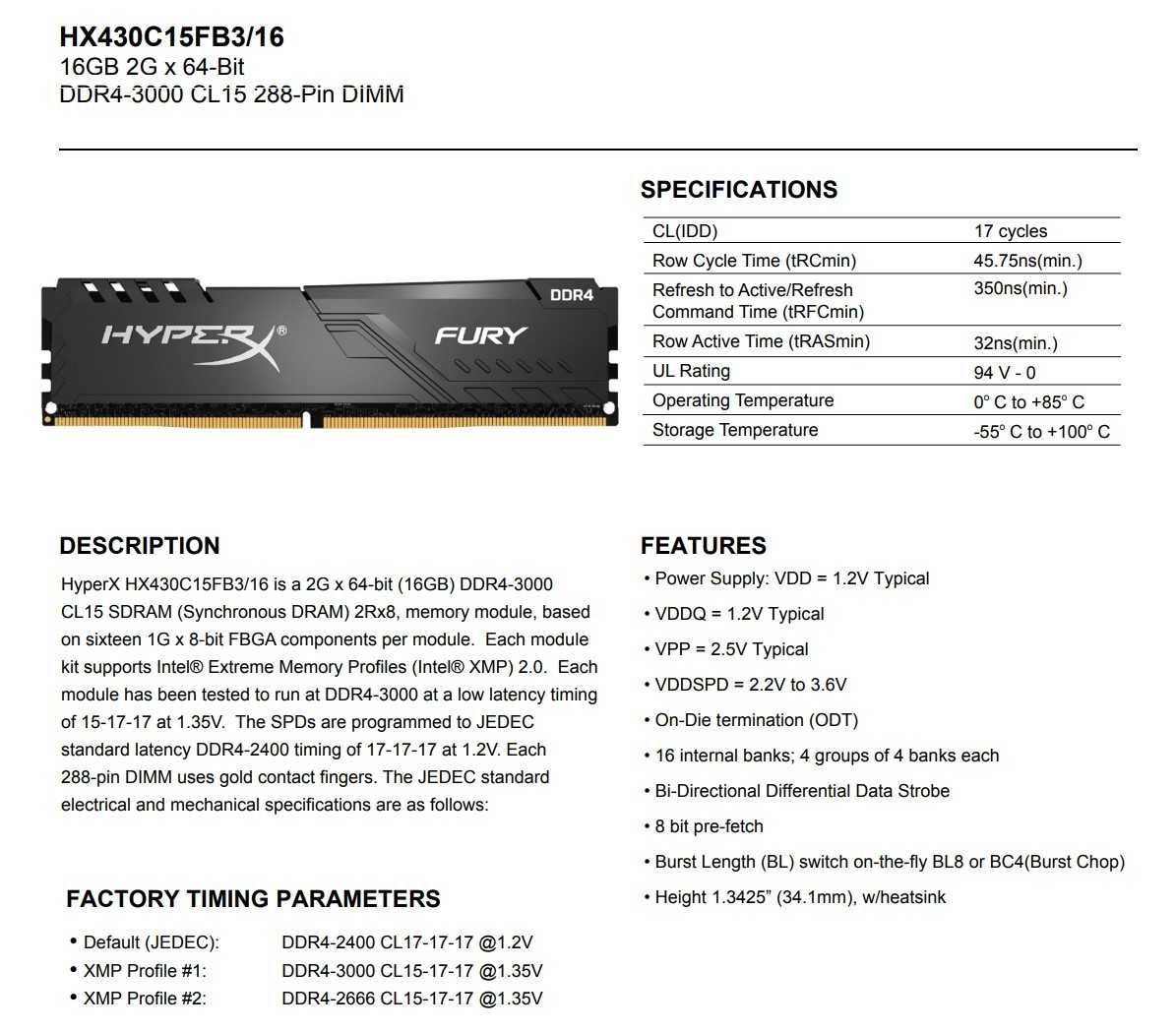 Kingston HyperX FURY DDR4 16GB RAM PC Оперативная память ПК