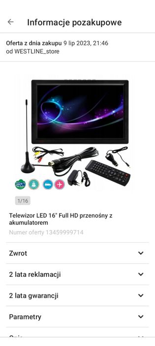 Telewizor 16 cali z akumulatorem