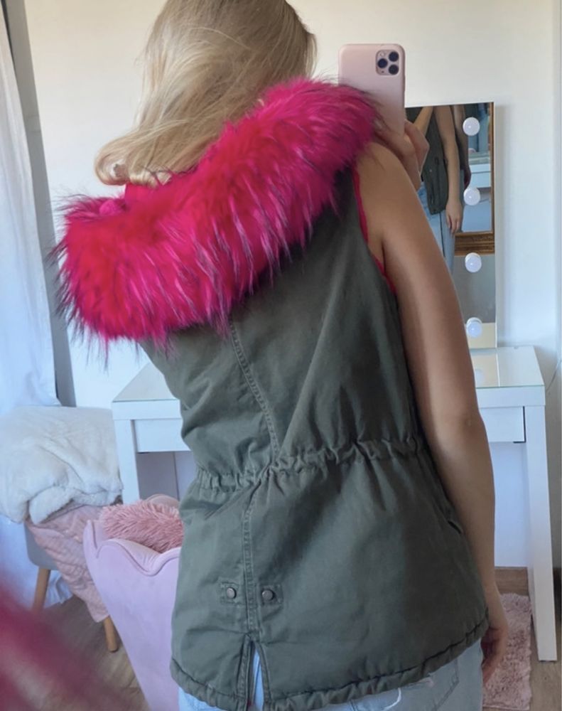 Parka kamizelka bezrękawnik khaki z różowym futerkiem