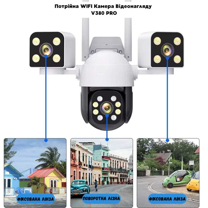 Вулична IP wifi Камера відеонагляду на три лінзи V380 SC05 потрійна