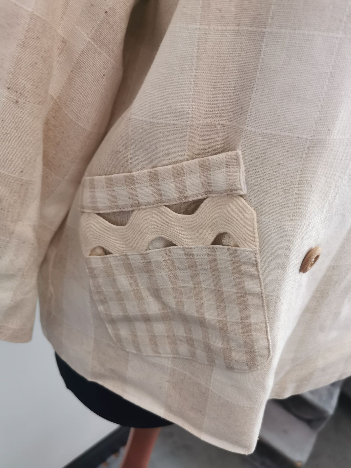 Śliczny marynarka żakiet w kratę beżowo kremową 20% len S/M oversize