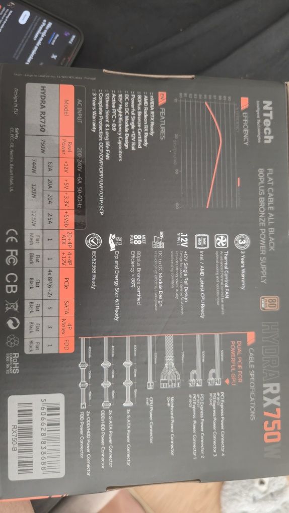 gabinete + fonte de alimentação NTech hydra rx750w 80plus bronze