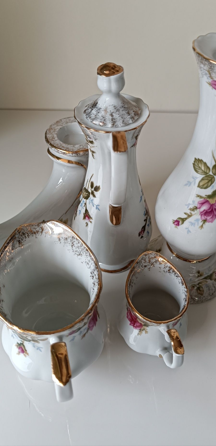 Nowa piękna porcelana Chodzież Róża Iwona złota 5szt świecznik dzbanki