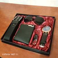 Кошелек кожаный, ремень, очки, часы наручные - подарочный набор