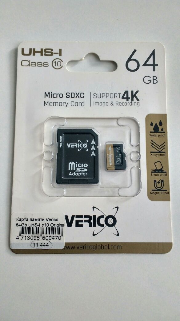 Новая карта памяти microSDXC 64 Гб Verico с адаптером class 10 (UHS-1)