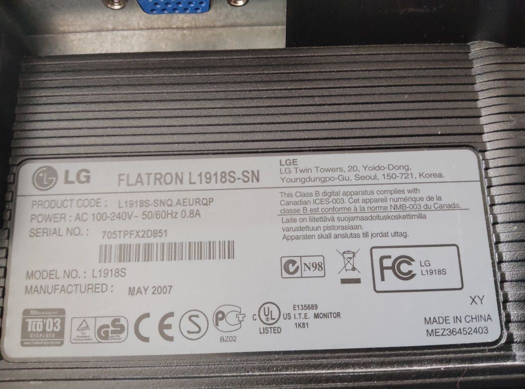 Monitor LG Flatron L1918S - SN.