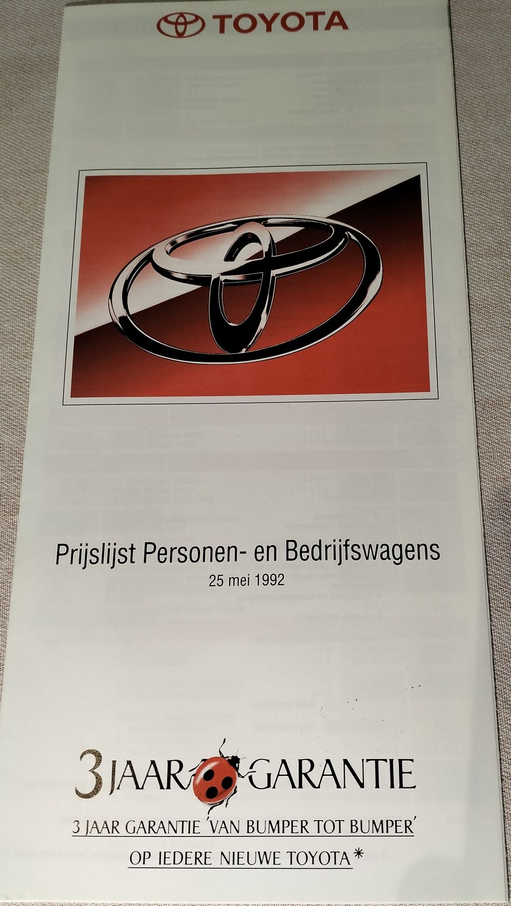 Tabela de Preços Toyota 1992