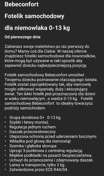Fotelik samochodowy/ nosidełko 0-13 bebeconfort NOWY!