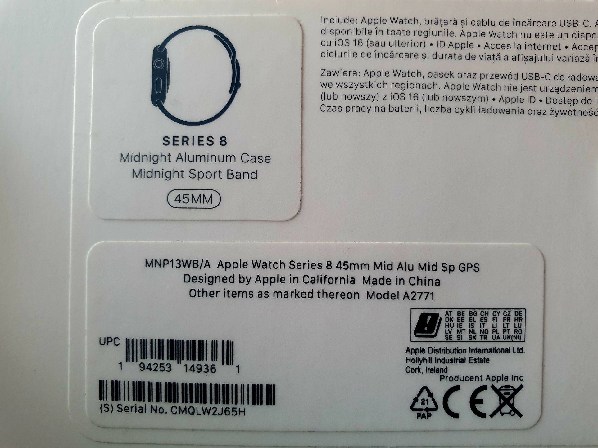 Nowy Apple Watch Series 8 45MM Midnight Aluminium Sport Band MNP13WBA