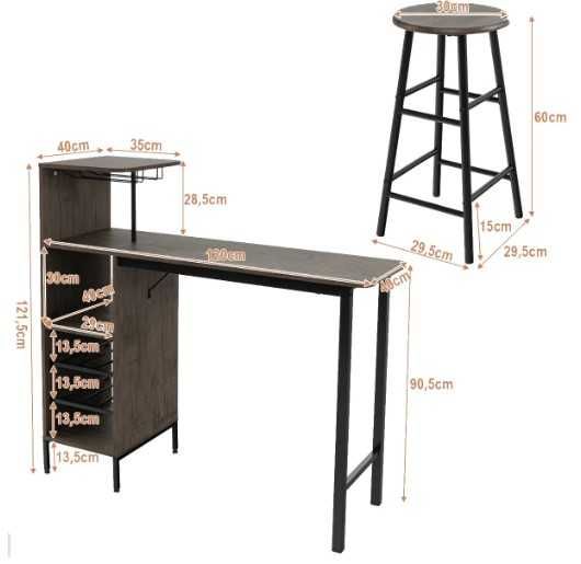 Stół barowy + 2 stołki, uchwyt na kieliszki i stojak na wino RYSY