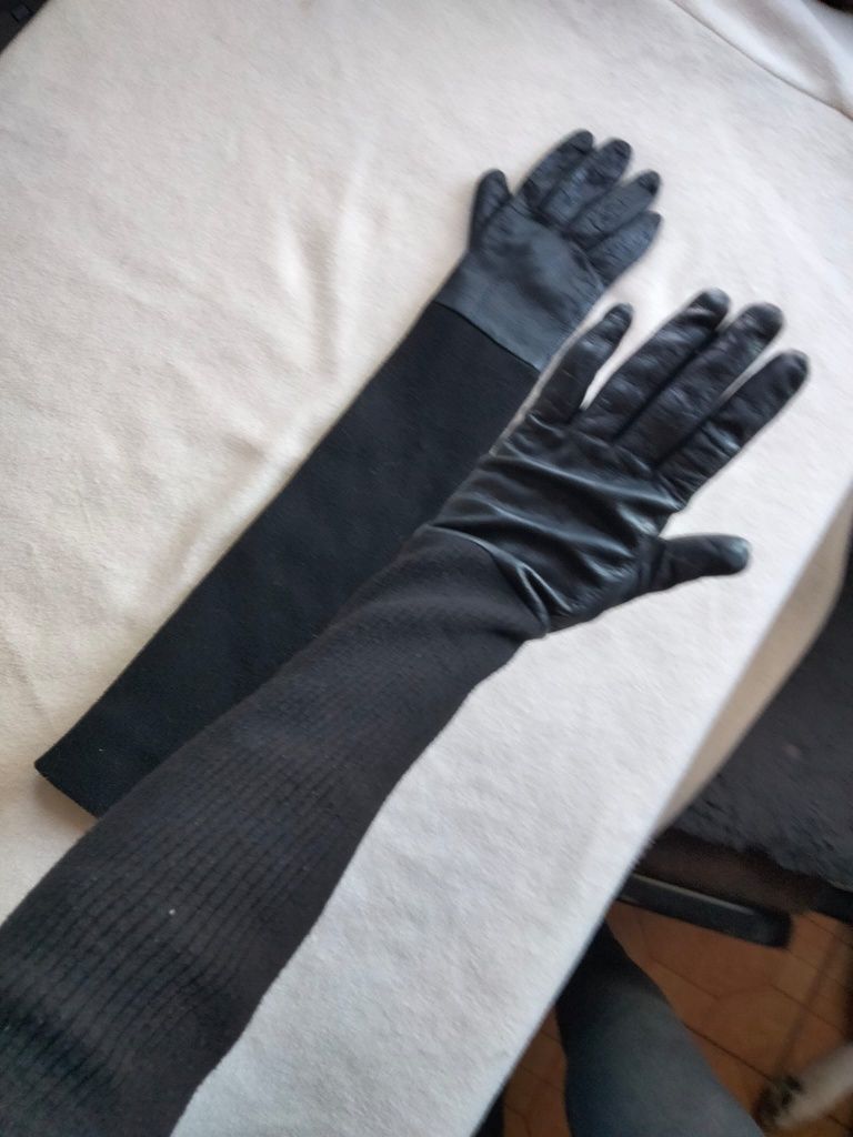 Długie ciepłe czarne rękawiczki goth  z Eco skóry i dzianiny