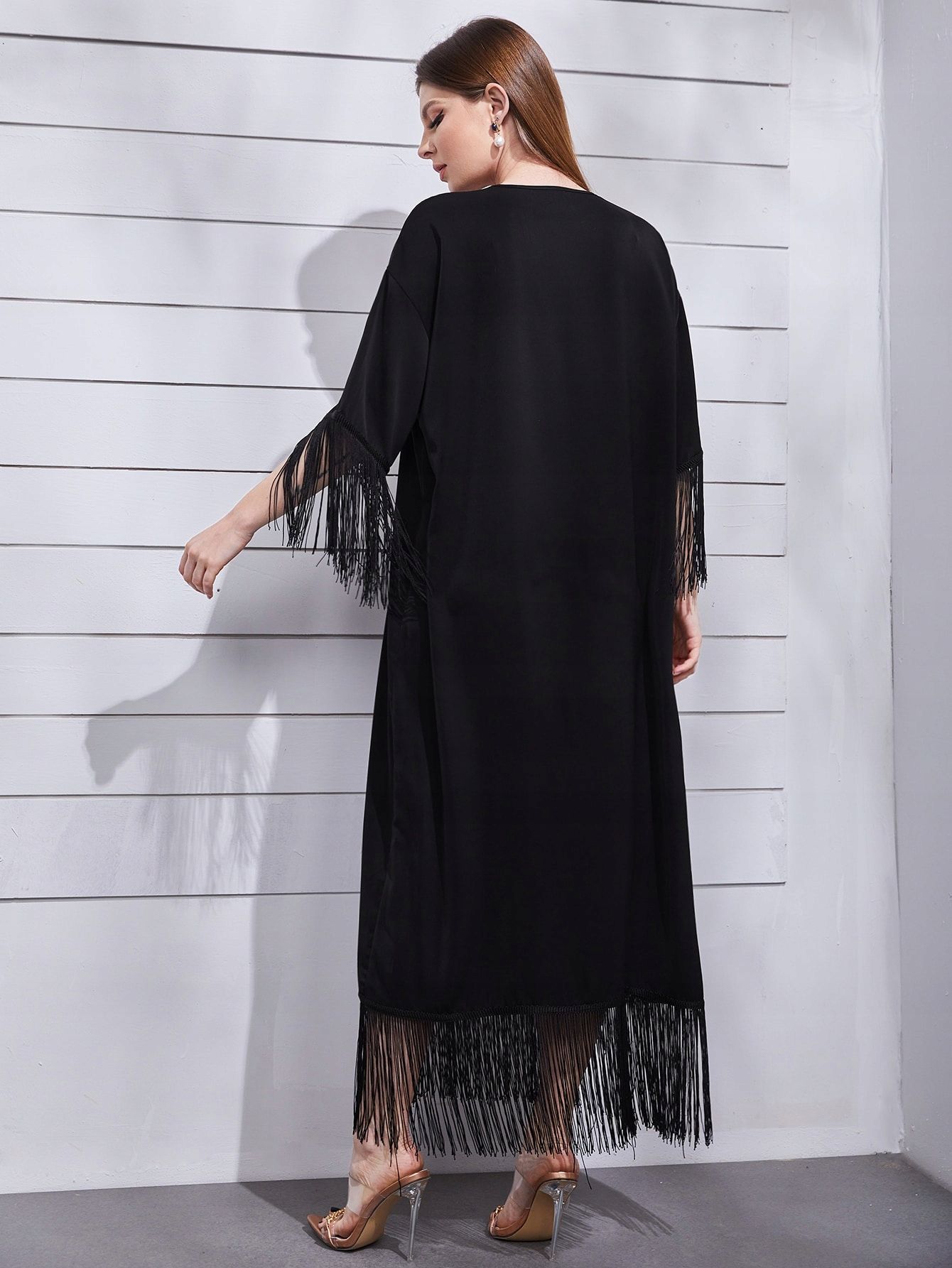 Sukienka Maxi Elegancka Oversize Z Frędzlami Czarna Shein L 40