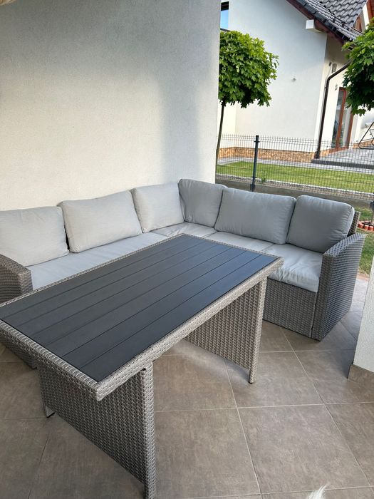 Meble ogrodowe, narożnik z wysokim stołem i stołkami szary Sieniawa